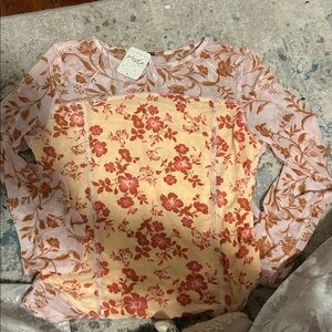 Free People Pink and Brown Floral Mesh Top